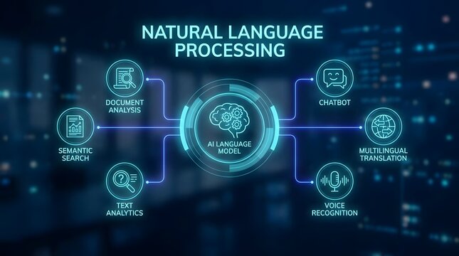 Digital infographic showing natural language processing concepts with glowing icons and interconnected lines on a dark blue background display