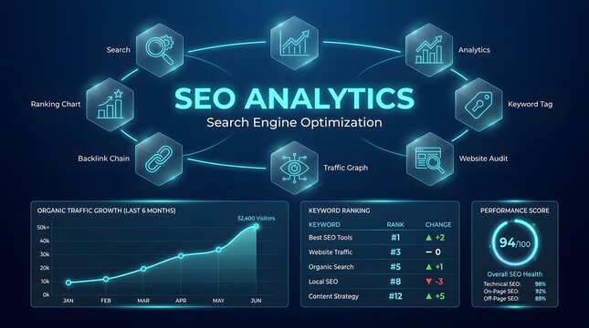 Digital seo analytics dashboard showing growth charts and performance metrics with futuristic icons on a dark blue background