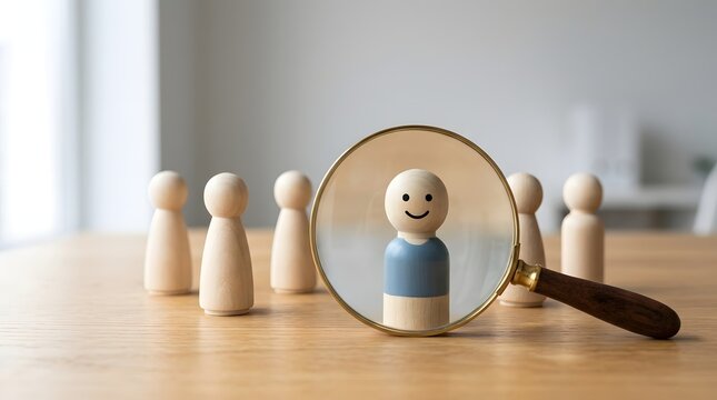 A magnifying glass focusing on one unique wooden peg doll among a group of identical figures on a table