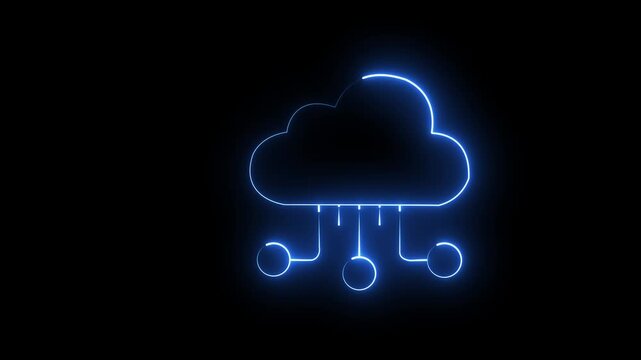 Glowing blue neon cloud computing icon with digital network connections on a dark black background