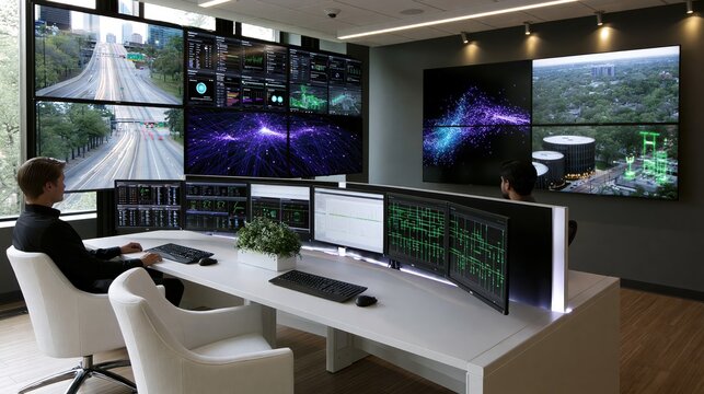 Two analysts monitoring data displays on a large digital wall in a modern control room with city traffic feeds