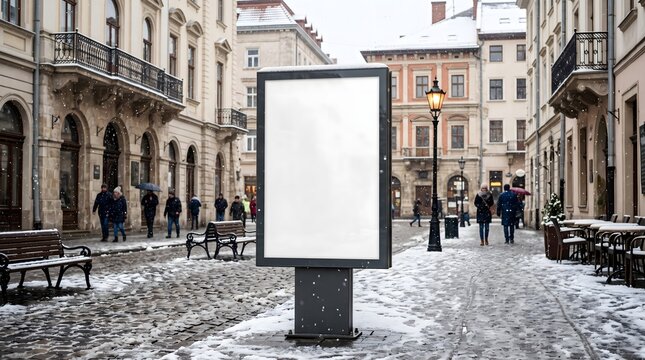 Empty blank billboard on a snowy street in a historic european city during the winter season