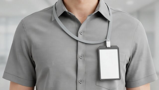Mockup closeup of a person wearing a grey shirt with a blank id badge lanyard