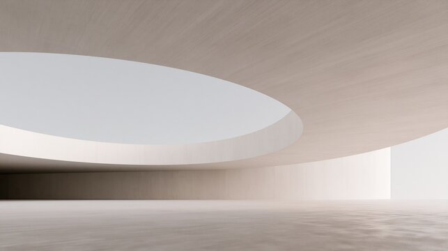 Growth potential visualized in minimalist curved concrete interior with oval skylight and empty floor space