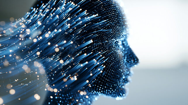 Blue digital human head profile formed by grid particles flying around on a bright clean background luminous particle art digital head particle profile grid formation