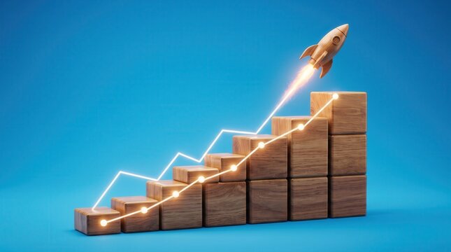 Rocket launch from financial growth bar chart steps with business, strategy