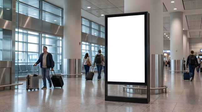 Blank digital billboard display in a busy airport terminal with travelers walking in background