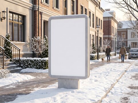 Blank vertical billboard on a snowy residential sidewalk with people walking in the background