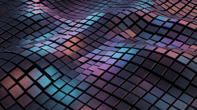 Wavy grid of iridescent metallic tiles in purple, blue and orange