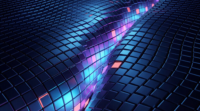 Glossy blue cube wave accented by pink and orange glow