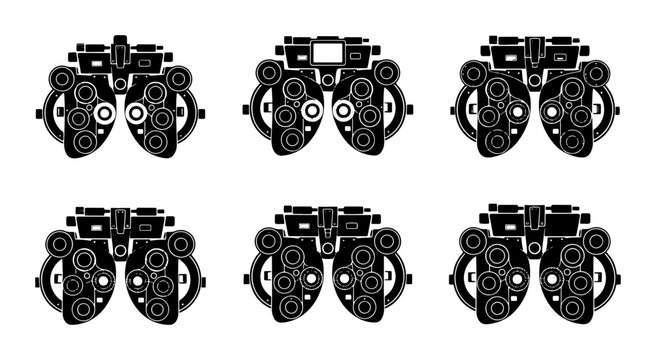 Optometry Phoropter Icons Set, Eye Exam Equipment Collection, Vision Test Tools Vector Graphics