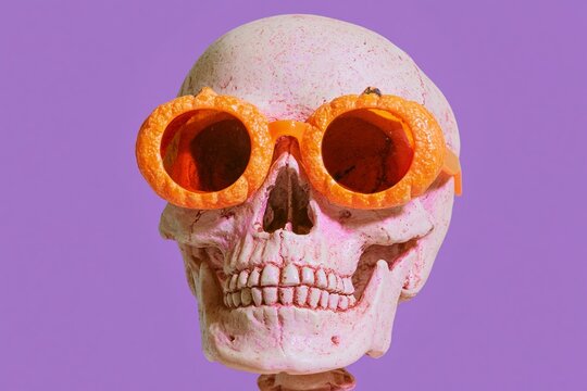 Skull wearing orange pumpkin-shaped sunglasses against a purple background, showcasing a whimsical and playful design suitable for Halloween-themed content