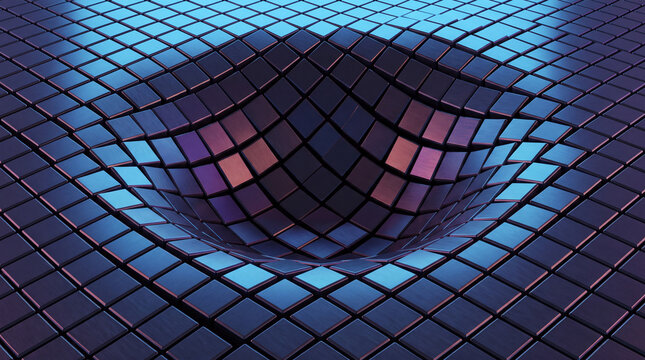 Funnel-shaped crater of blue and purple metallic tiles