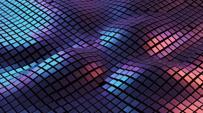 Undulating wave of blue, violet and coral metallic tiles