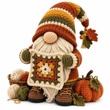 A crocheted gnome with a striped hat holding a square crochet piece, surrounded by yarn balls and a crocheted pumpkin, all in warm autumn colors.