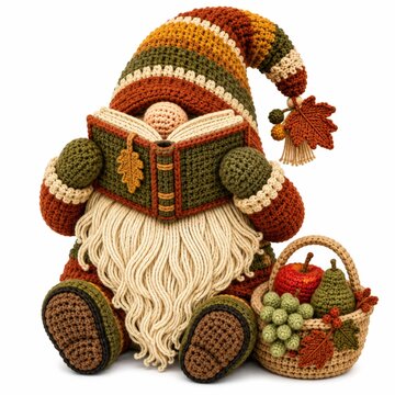 A crocheted gnome with autumn colors reads a book, sitting next to a basket filled with crocheted fruits and decorated with fall leaves.