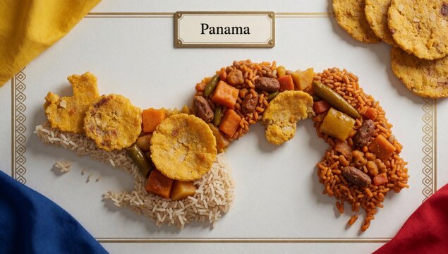 Plate food arranged shape map panama white gold border has word written cursive font top left side there servi