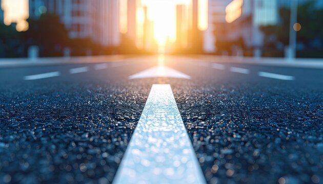 Paved city road with directional arrow leading towards a sunlit urban skyline, symbolizing progress and future journeys