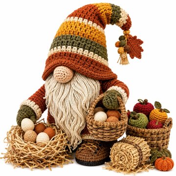 A crocheted gnome with a striped hat holds a basket of fruit amidst woven baskets filled with assorted crocheted fruits and eggs, showcasing autumn-themed handmade crafts.