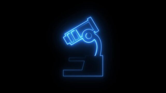 Glowing blue neon microscope icon on black background