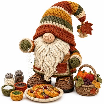 A crocheted gnome with a striped hat sprinkles seasoning over a plate of food, accompanied by a basket of crocheted vegetables and spices.