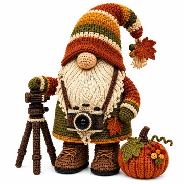 A crocheted gnome with autumn colors holds a vintage camera on a tripod, standing next to a decorated pumpkin with leaves and berries.