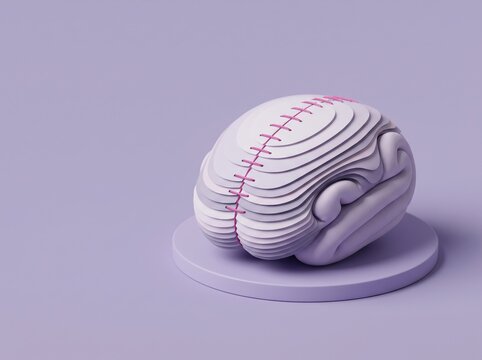 Layered paper-craft brain sculpture with pink stitching on lavender pedestal