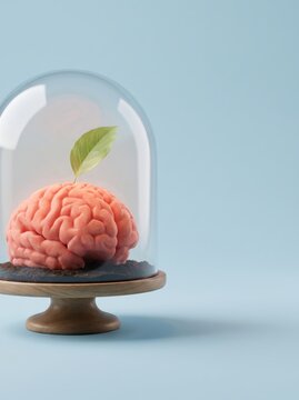 Pink brain under glass cloche with sprouting leaf on wooden stand