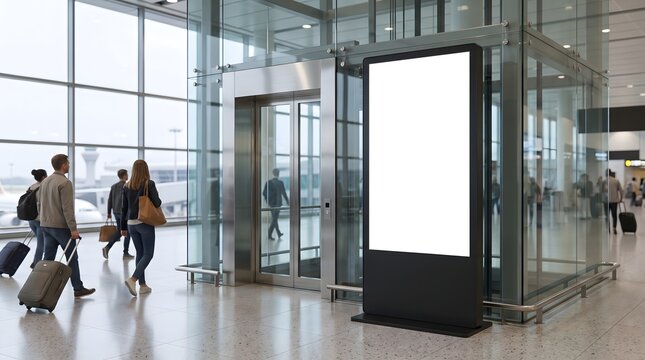 Vertical blank advertising display stand at a glass airport terminal with travelers walking by