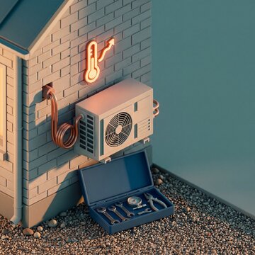 W&auml;rmepumpe Nahaufnahme mit offenem Werkzeugkoffer an der Hauswand