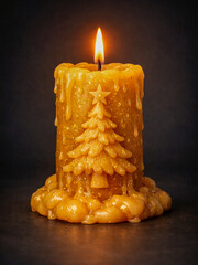 Obraz premium Burning sculptural Christmas candle with festive tree relief and golden dripping wax