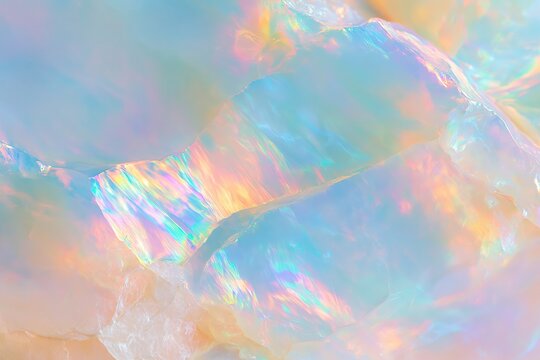 Close up of opalite gemstone surface displaying prismatic colors and translucent qualities, highlighting unique textures and light reflections in a natural setting