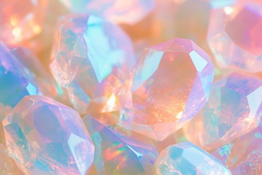 Faceted opalite stone cluster macro detail showcasing rainbow hues and reflections, highlighting the unique crystalline structure and translucent qualities of the stones