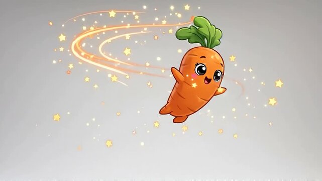 Cute animated carrot character with happy face and green leaves. Friendly vegetable mascot for kids' content and healthy eating campaigns.