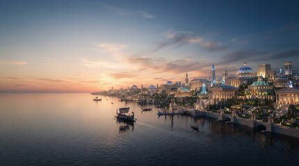 Naklejka premium Panoramic view of a vibrant Middle Eastern city skyline at sunset with boats on the water.