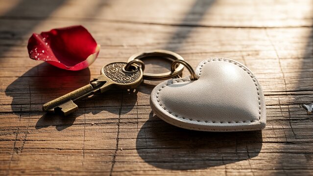 Vintage Keys and Heart-Shaped Leather Keychain with Red Rose Petal on Rustic Wooden Table