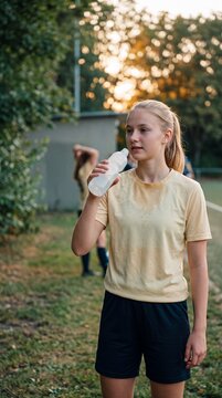 Nahaufnahme Fu&szlig;ballspielerin trinkt Wasser in der Trinkpause