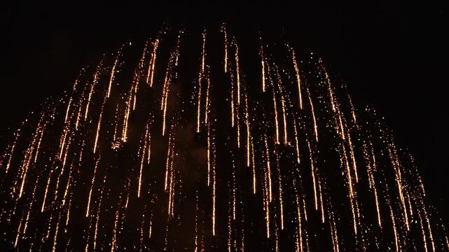 Golden fireworks exploding in night sky time lapse sequence video firework pyrotechnics explosion celebration holiday new year july fourth dark sky yellow sparkling illumination