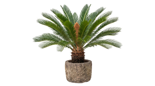 Sago palm in stone pot, tropical Cycas revoluta houseplant, decorative indoor palm tree for home and office decor isolated PNG with Transparent Background
