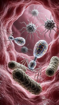 Bacteriophage Viruses Attacking Bacteria Inside Human Body Cavity 3D Animation
