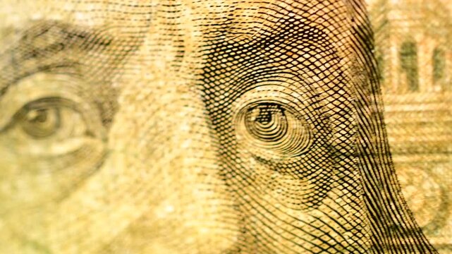 franklin 100 dollar macro paper texture close up, abstract close up illuminated US bill, movement finance, texture