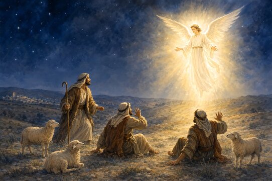 Annunciation to the shepherds. Biblical illustration of a divine messenger visiting a shepherds. Angel with a good news, Christian gospel scene.