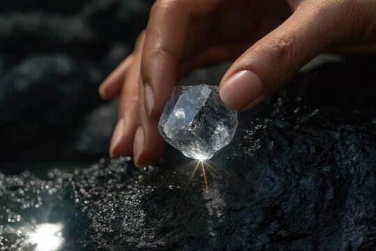 Hand holding a rough uncut diamond over dark textured coal rocks