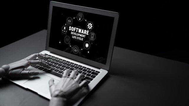 Robotic Hand Typing on Laptop Displaying Software Development Life Cycle Concept with Dark Background and Minimalist Design Quark.