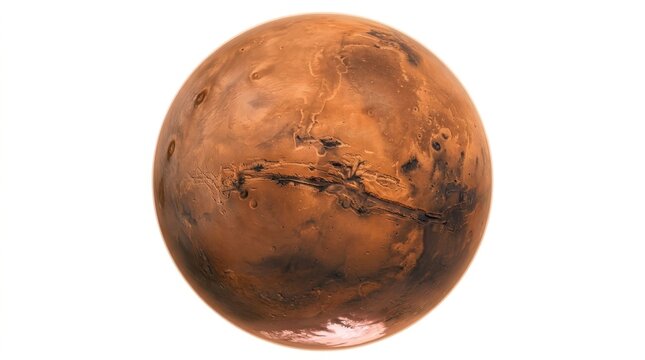 Red planet mars sphere showing detailed surface texture and craters isolated on a bright white background for science isolated on white background