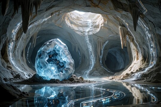 Futuristic underground cavern featuring massive glowing blue crystal and illuminated light trails