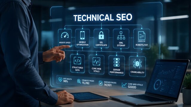 Professional business person interacting with a digital holographic interface displaying technical seo optimization strategies for modern website search performance