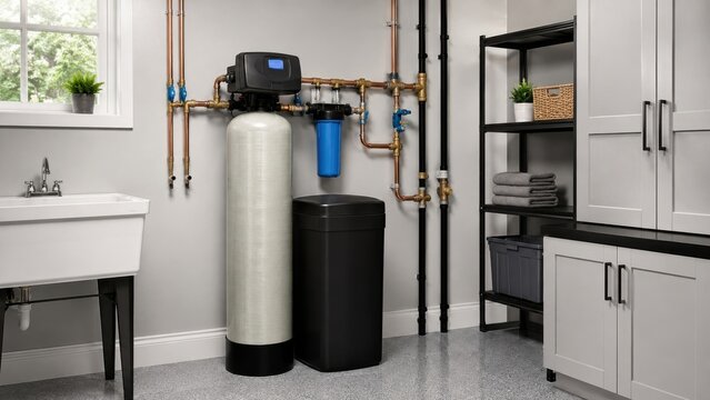 Modern water softener system installed in home utility room