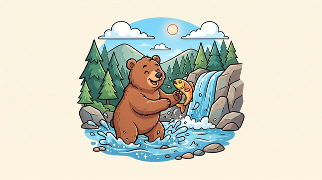 Cute bear fishing and eating fish near a waterfall cartoon mascot vector illustration with bold outlines in nature light background
