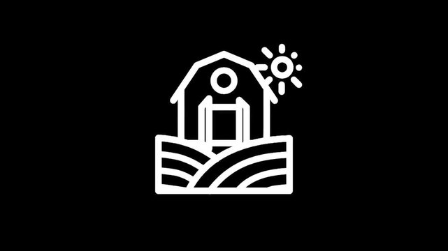 Simple line art icon of a barn on rolling hills under a bright sun